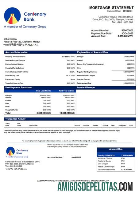 realista Modelo Word e PDF de declaração de hipoteca do Malawi Centenary Bank Malawi